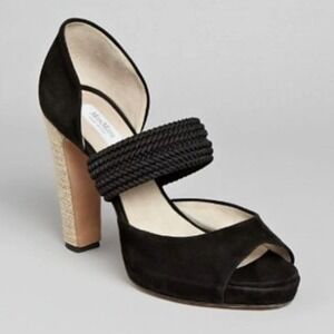 Max Mara Black Suede Raffia Heel Platform Peep Toe Heels Women's size 9/39